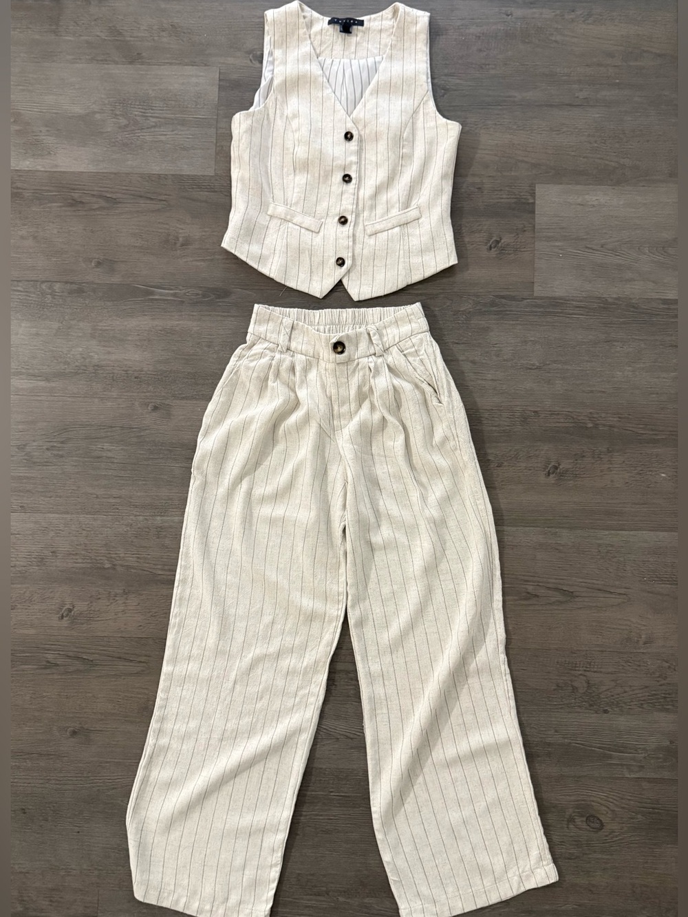 Cream Pinstripe Women’s High-Waist Pants with Matching Vest